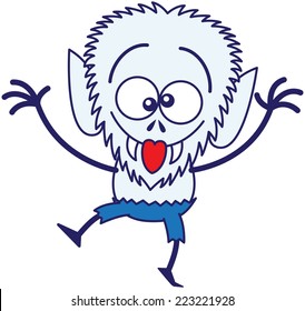 Blue werewolf with big head, bulging eyes, blue pants and sharp fangs while dancing, raising its arms, crossing its eyes, smiling, sticking its tongue out and making funny faces in a very amusing mood