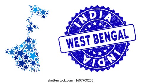 Blue West Bengal State map collage of stars, and scratched round seal. Abstract territory plan in blue color tints. Vector West Bengal State map is designed of blue stars.