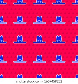 Blue Western cowboy hat icon isolated seamless pattern on red background.  Vector Illustration