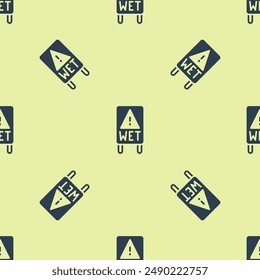 Blue Wet floor and cleaning in progress icon isolated seamless pattern on yellow background. Cleaning service concept.  Vector