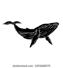 Blue whale aquatic mammal silhouette. Cartoon vector graphics.