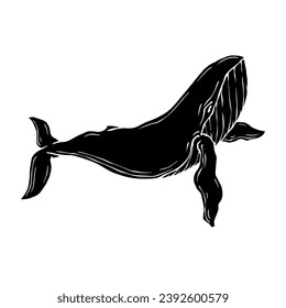 Silhouette de mamíferos acuáticos de ballena azul. Gráficos vectoriales de dibujos animados.