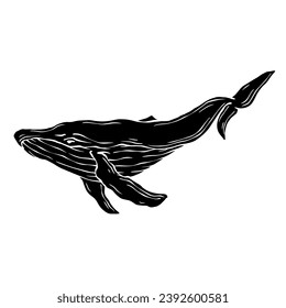 Blue whale aquatic mammal silhouette. Cartoon vector graphics.