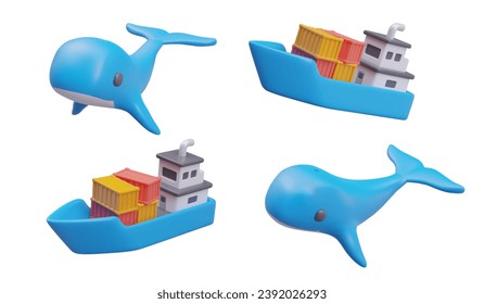 Blue whale, barge with containers in cartoon style. Vector objects at different angles. Extreme shipping by ocean. Dangerous sea route. Cargo transportation between continents