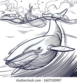 Blue whale being hunted by old time whalers book style line illustration
