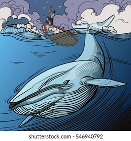 Blue whale being hunted by old time whalers book style line illustration. 