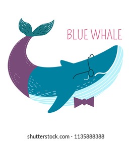 Blue whale in bowtie childish cartoon character