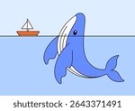 Blue whale breaching from the ocean surface with a small sailboat in the distance in cartoon illustration vector for educational content, marine wildlife designs, childcare’s illustrations