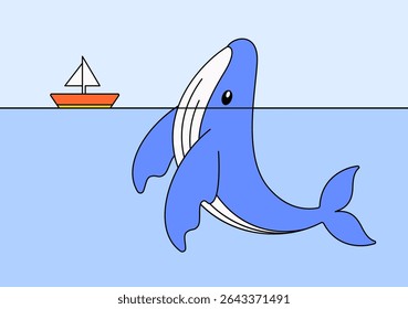 Blue whale breaching from the ocean surface with a small sailboat in the distance in cartoon illustration vector for educational content, marine wildlife designs, childcare’s illustrations
