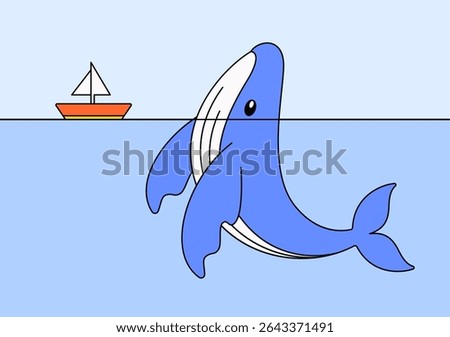 Blue whale breaching from the ocean surface with a small sailboat in the distance in cartoon illustration vector for educational content, marine wildlife designs, childcare’s illustrations