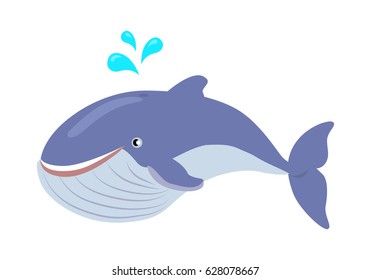 Blue whale cartoon character. Cute whale spray water flat vector isolated on white background. Aquatic fauna. Whale icon