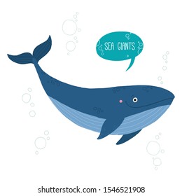 Blue whale cartoon character smiling. Cartoon vector hand drawn eps 10 illustration isolated on white background in a flat style.