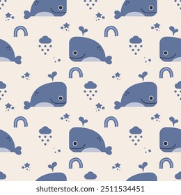 Blue whale cartoon so cute. On cloud rain rainbow star background. Pattern seamless vector illustration. 