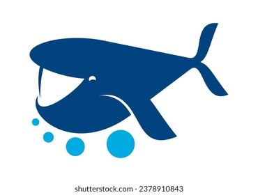 Icono de la caricatura de ballena azul, mar, animal marino oceánico, emblema vectorial para compañía. Club de deportes acuáticos, parque acuático o signo de la piscina de burbujas azules de ballena y agua, símbolo de pesca o yate y submarinismo