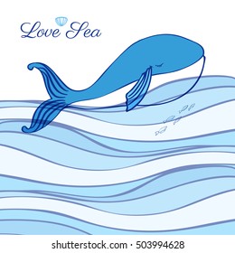 Blue Whale cartoon illustration isolated on decorative wave background, vector graphic colorful doodle animal, Character design for greeting card, children invitation, baby shower, travel postcard