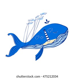 Blue whale cartoon with lighthouse taking fish decorative illustration isolated on white, vector colorful doodle animal, Character design for greeting card, children invite, creation of alphabet