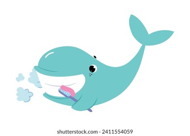 Carácter ballena azul cepillado de dientes con cepillo de dientes como ilustración del vector de higiene