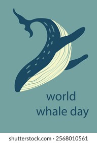 Blue whale in clip art style. Card for World Whale Day. Modern vector illustration for your design