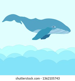 The blue whale in the clouds. Drawing the character by hand. Cute design in shades of blue.