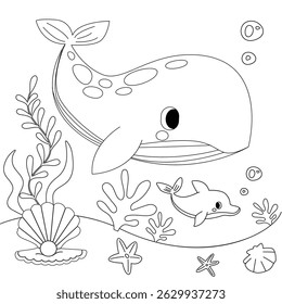 Blue whale coloring pages for kids. Blue whale coloring pages with black strokes. Vector printable worksheets for preschoolers.