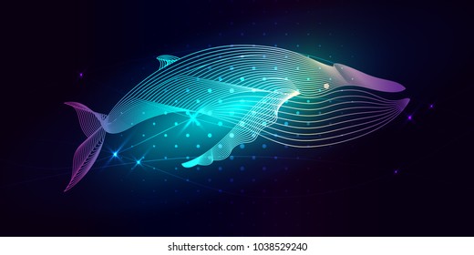 Blue whale composed. Marine animal digital concept. Vector illustration of a starry sea or Comos. The whale consists of lines. Wireframe light connection structure