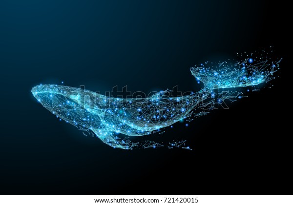 Blue whale composed of polygon. Marine animal\
digital concept. Low poly vector illustration of a starry sky or\
Comos. The whale consists of lines, dots and shapes. Wireframe\
light connection\
structure