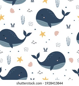 Blue whale with coral in the sea Cute cartoon background seamless pattern The design used for Textile, Clothing Pattern, Print, Wallpaper, Vector Illustration.