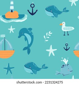 Blue whale with coral in the sea Cute cartoon background seamless pattern The design used for Textile, Clothing Pattern, Print, Wallpaper, Vector Illustration