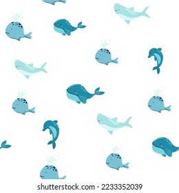 Blue whale with coral in the sea Cute cartoon background seamless pattern The design used for Textile, Clothing Pattern, Print, Wallpaper, Vector Illustration