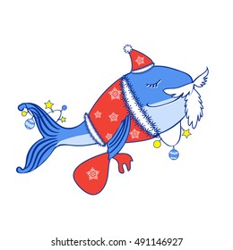 Blue whale in costume of Santa Claus with gift bag and garland, Christmas decoration cartoon animal isolated on white, vector colorful illustration, Character design for greeting card, children invite