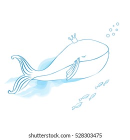 Blue Whale in crown with little fish cartoon illustration isolated on decorative watercolor wave background, vector colorful doodle animal, line art, Character design for travel card, children invite