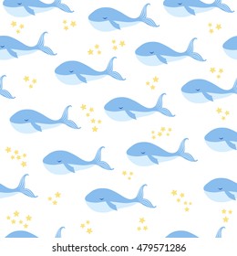 Blue Whale cute cartoon illustration isolated on white background, vector graphic  doodle animal, Seamless pattern, decorative texture, Character design for greeting card, children invite, baby shower