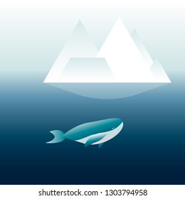 blue whale deep in the ocean with iceberg outside. vector illustration