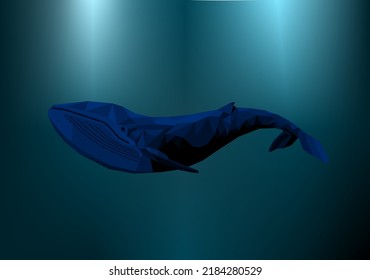 Blue whale in deep sea. Sea fish mosaic drawing. Polygon ocean mammal. Dark bottom marine creature. Vector illustration.