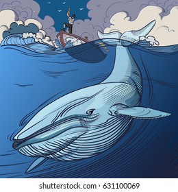 Blue whale diving away from a boat full of whalers.