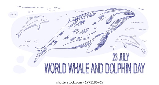 Blue whale and dolphins swim in the ocean vector illustration. World Whale and Dolphin Day banner.