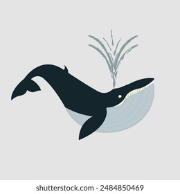 Blue whale fish silhouette vector illustration with water splash hand drawn