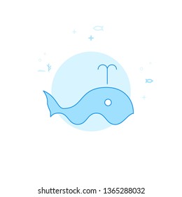Blue Whale Flat Vector Icon. Marine Life, Underwater World, Sea Creature Illustration. Light Flat Style. Blue Monochrome Design. Editable Stroke. Adjust Line Weight.