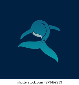 Blue whale floating away logo sign on dark background vector illustration