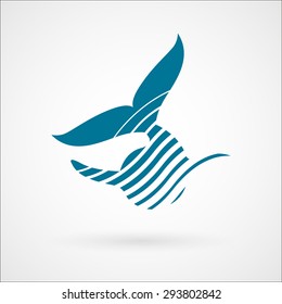 Blue whale floating away strips logo sign on white background vector illustration