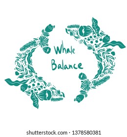  blue whale floral silhouette  sea life block print  vector illustration