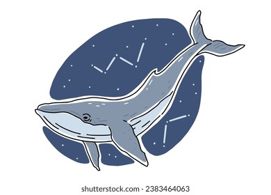 Blue whale flying in the night starry sky. Graphic animal print. Vector hand drawn illustration.