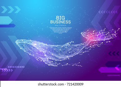 Blue whale in the form of a starry sky or space, consisting of points, lines, and shapes in the form of planets, stars and the universe. Large marine animal vector wireframe concept. Blue purple svg