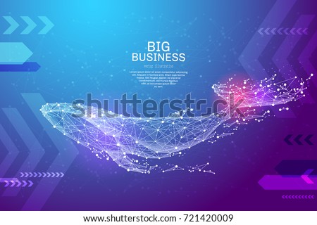 Blue whale in the form of a starry sky or space, consisting of points, lines, and shapes in the form of planets, stars and the universe. Large marine animal vector wireframe concept. Blue purple