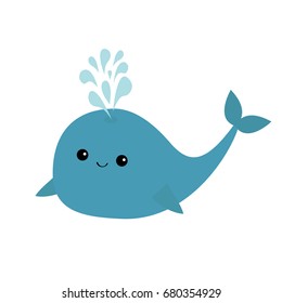 Blue whale and fountain. Sea ocean life. Cute cartoon character with eyes, tail, fin. Smiling face. Kids background. Baby animal collection. Flat design White background. Isolated. Vector illustration