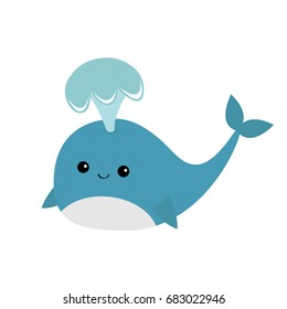 Blue whale with fountain. Sea ocean life. Cute cartoon character with eyes, tail, fin. Smiling face. Kids background. Baby animal collection. Flat design White background Isolated. Vector illustration