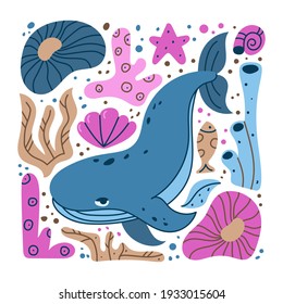 Blue whale hand drawn illustration. Square cartoon clipart of ocean animal with pink sea plants. Childish poster, t shirt print, cover design. Color isolated vector elements, white background