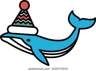 Una ballena azul con un sombrero en la cabeza. El sombrero es rojo y blanco. La ballena lleva un sombrero y está sonriendo