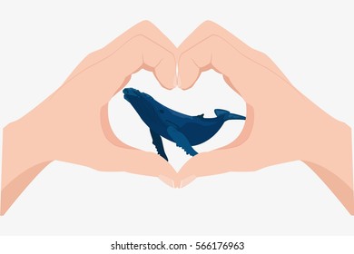 Blue Whale in heart-shaped hands. Save whales. vector stock illustration