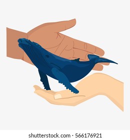 Blue Whale in human hadns. Save whales. vector stock illustration